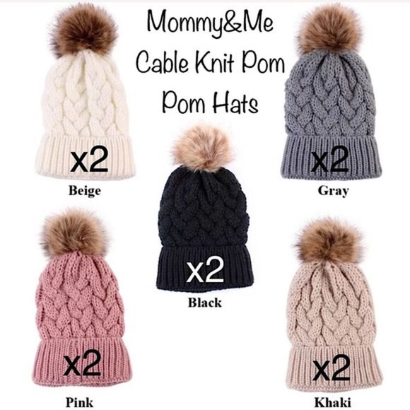 MOM & BABY Ivory Cream Crochet Cable Knit Pom Pom Beanie Winter Hat - Picture 3 of 8